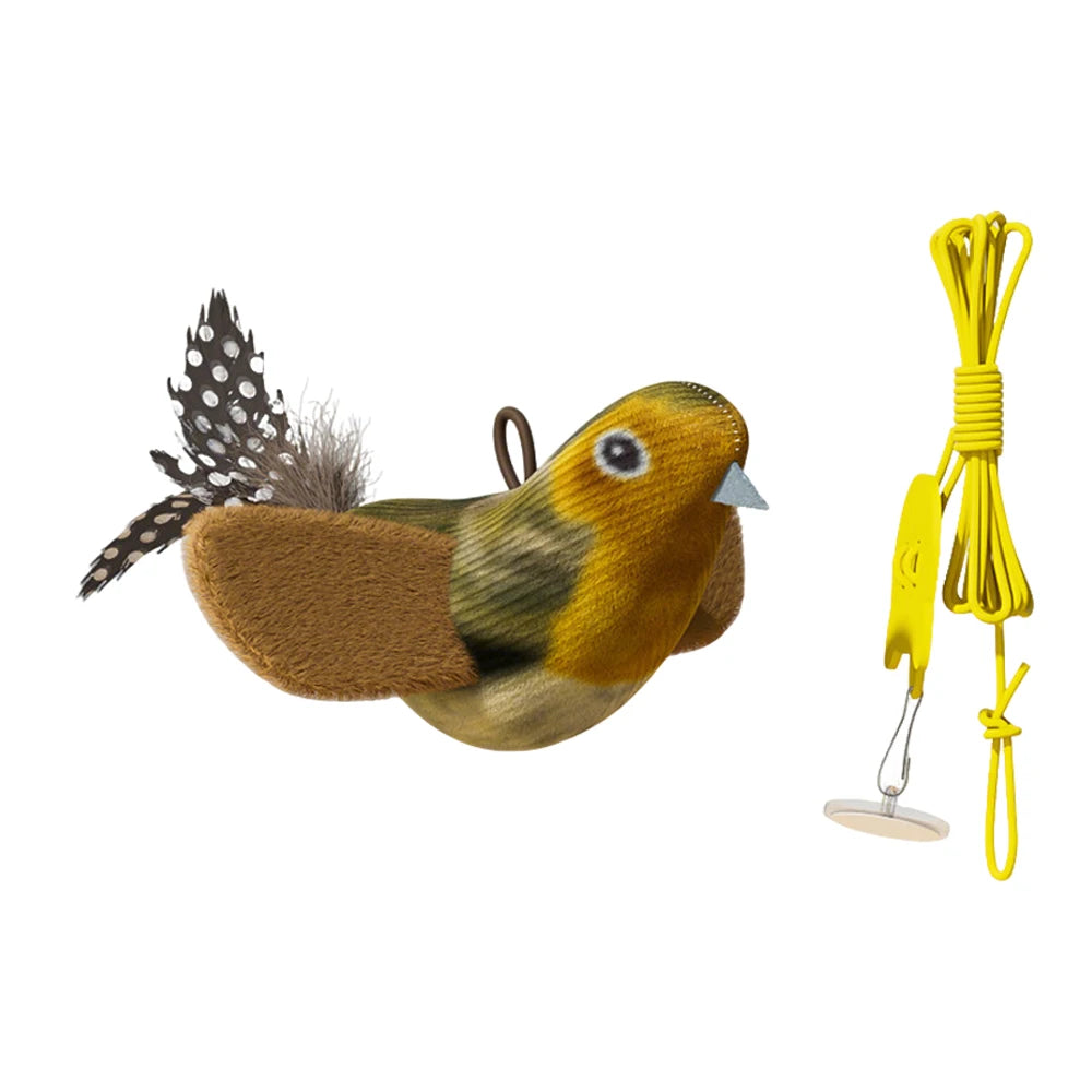 A golden and brown cat toy with a feather, attached to a yellow cord and clip.
