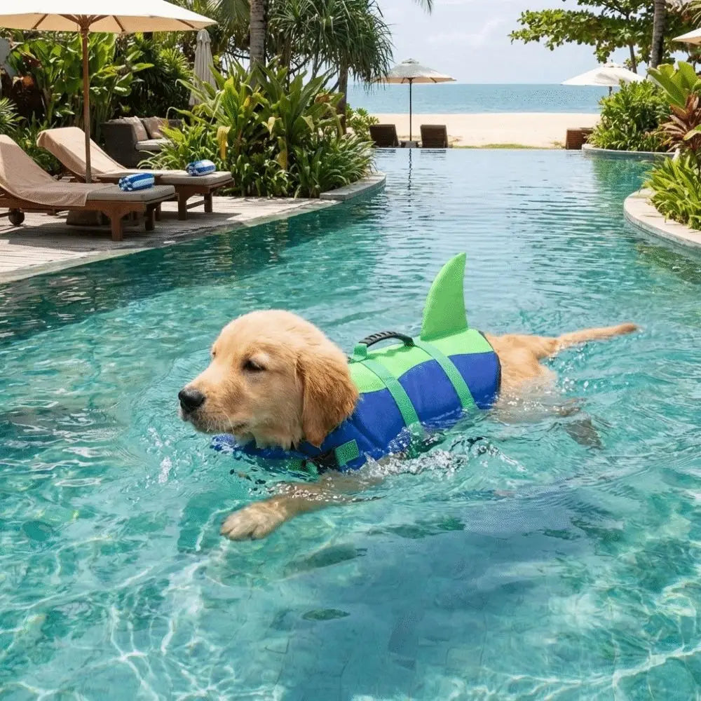 A golden retriever wearing a bright green and blue high visibility dog life vest swims in a clear swimming pool.