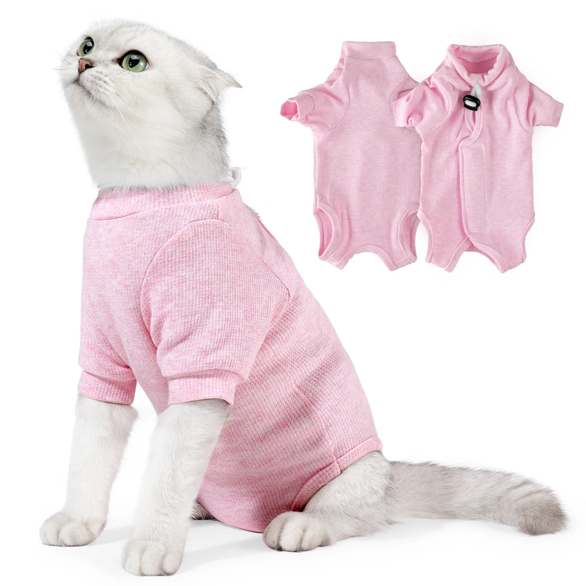 Pink specialized recovery vest for cats shown on a cat and separate garments