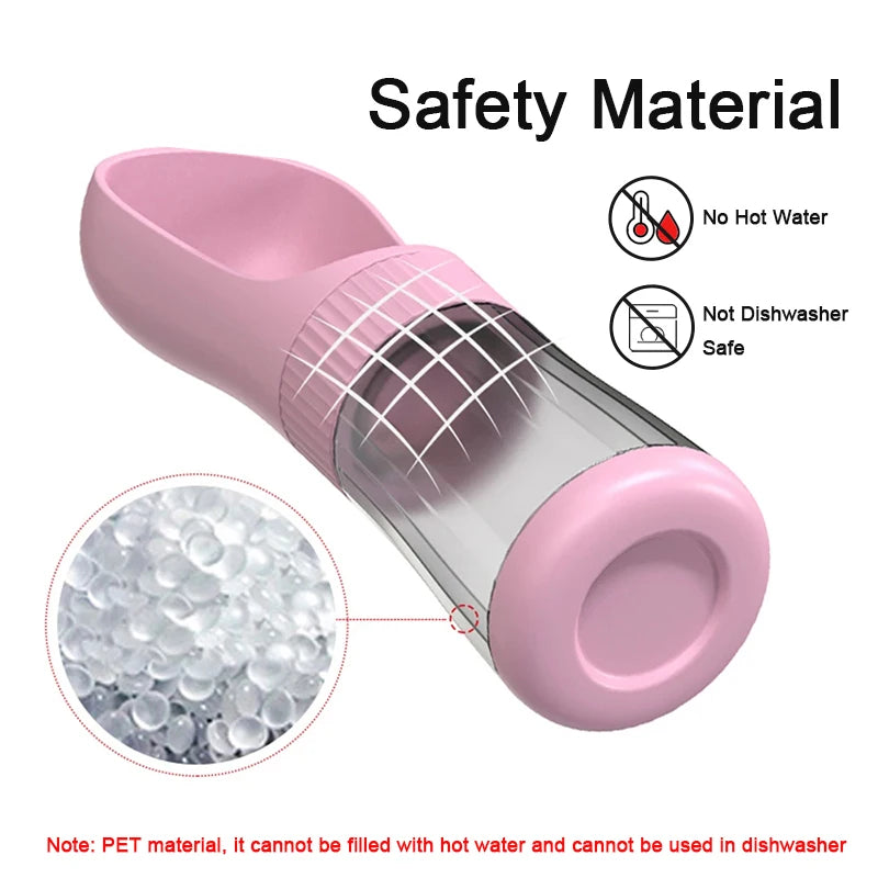 A pink plastic dispenser for pet water and food, made of PET material, safe for use without hot water or in a dishwasher.