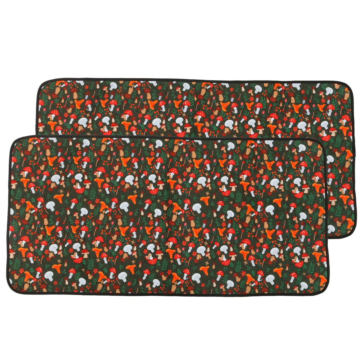 A dark green fabric liner with an orange and white mushroom pattern for a reusable absorbent cage.