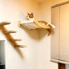 An orange and white cat is resting on a wooden wall-mounted hammock and climbing shelf.