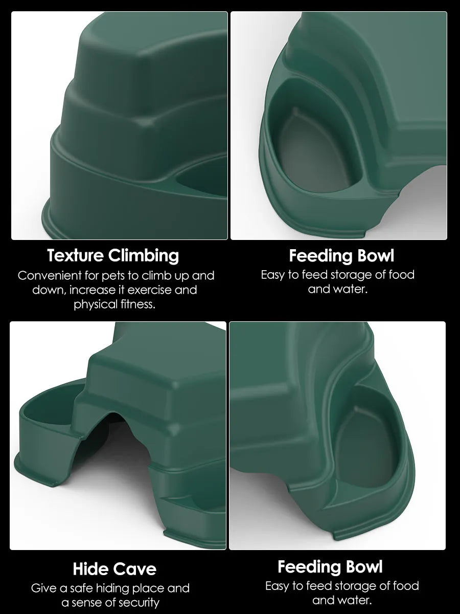 Green reptile hide cave decoration featuring texture climbing and feeding bowls for pets