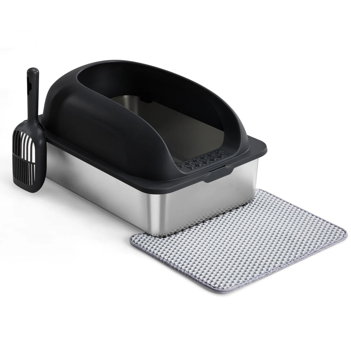 Litière pour chat en acier inoxydable avec pelle et tapis en silicone assorti