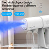 A white electric nano spray machine is shown with a blue mist being emitted, illustrating low-grade and high-grade gear desig