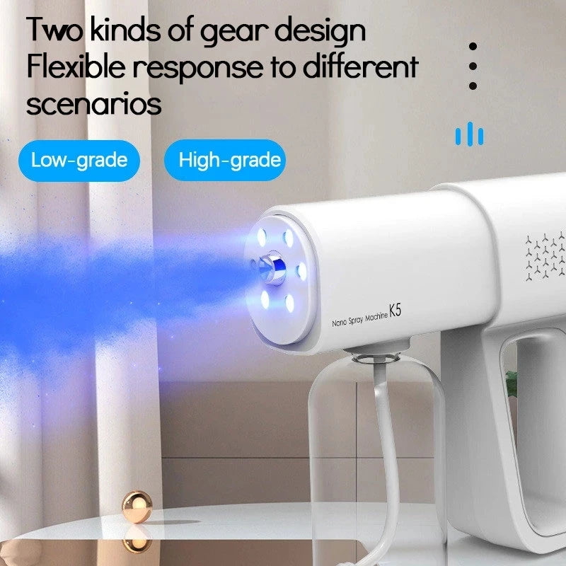 A white electric nano spray machine is shown with a blue mist being emitted, illustrating low-grade and high-grade gear desig