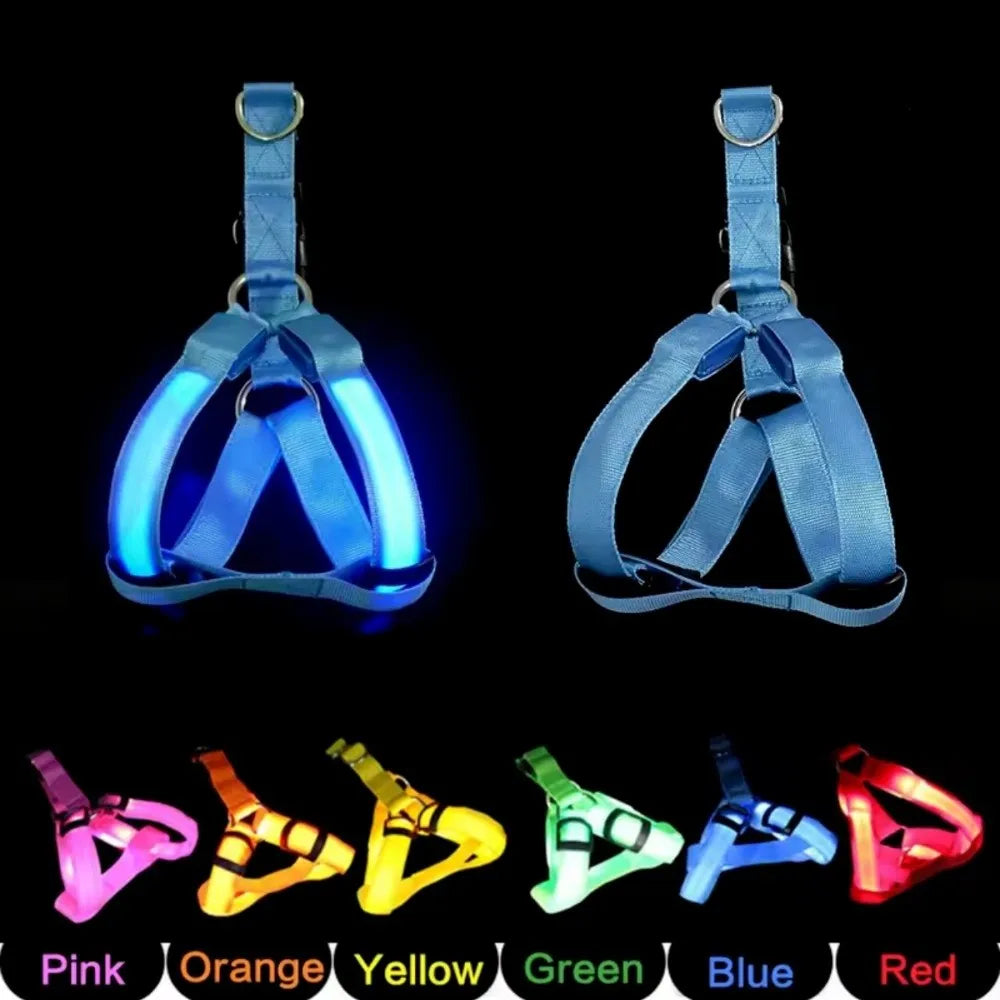 Un juego de arneses para perros LED iluminados en varios colores como rosa, naranja, amarillo, verde, azul y rojo.