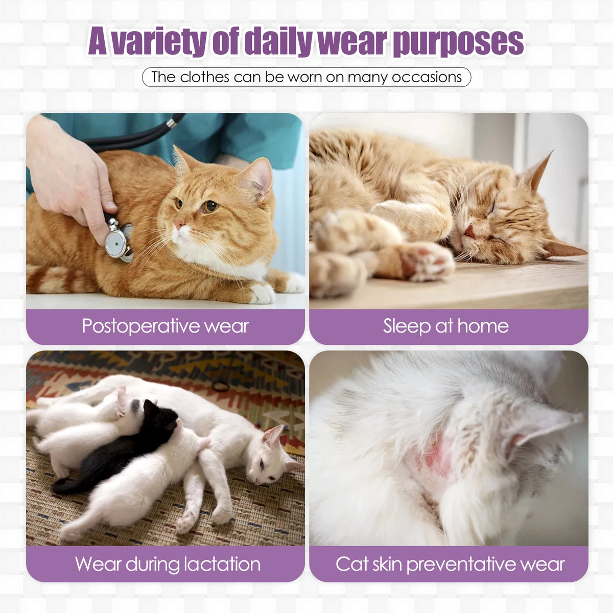 Images showing various daily wear purposes for cats including postoperative wear, sleeping at home, wear during lactation, an