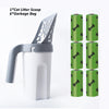 A white reusable cat litter scoop is shown next to six green garbage bags.