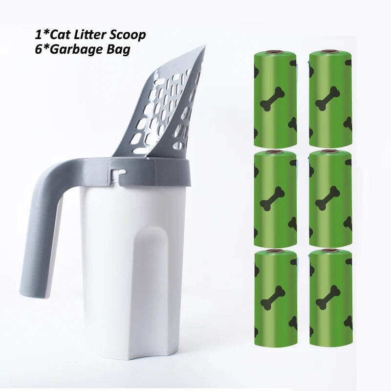A white reusable cat litter scoop is shown next to six green garbage bags.