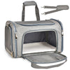 A gray travel pet carrier bag with a mesh floor and a handle, shown open.
