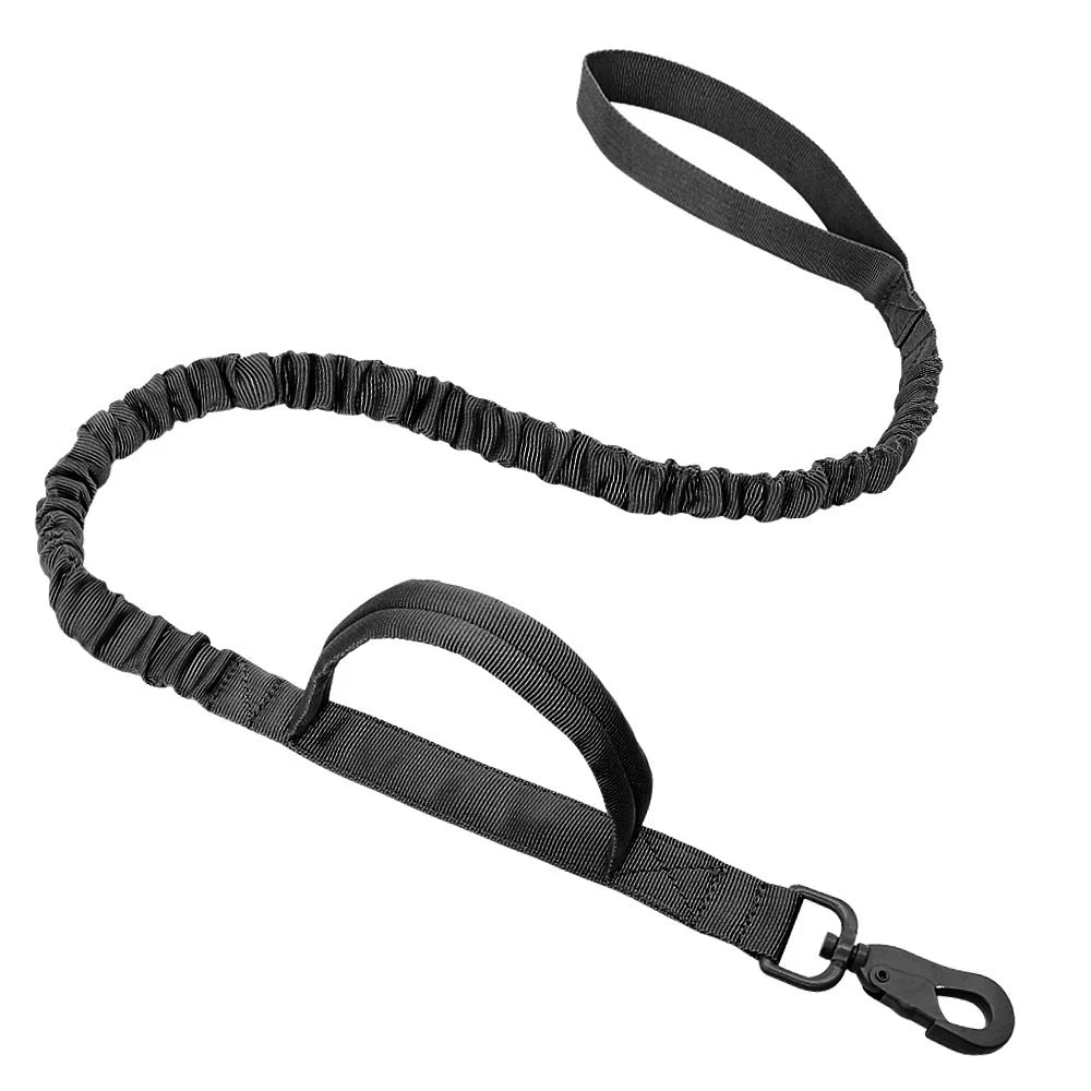 Black heavy-duty tactical dog leash with dual handles and shock-absorbing bungee.