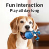 Ein glücklicher Hund spielt mit einem blauen interaktiven Rollspielzeug und Seil.