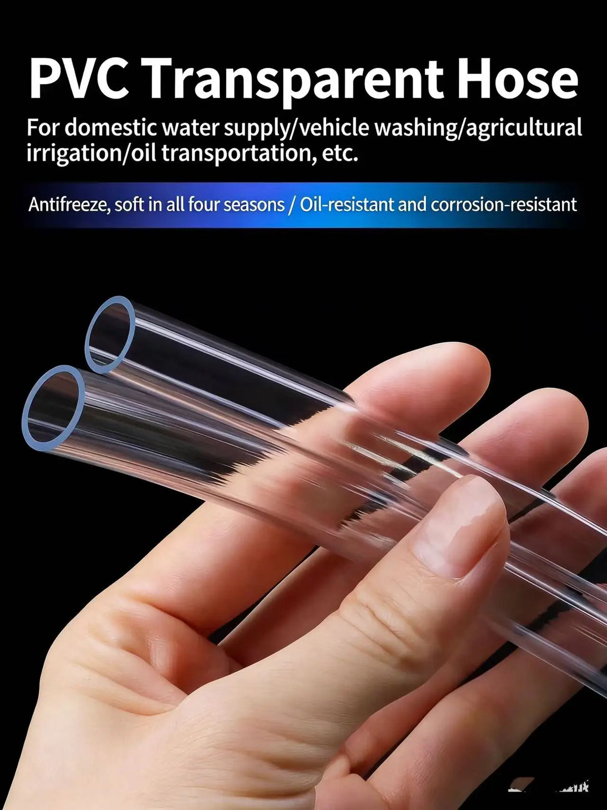 A hand is holding a clear PVC transparent hose or tubing for water transport applications.
