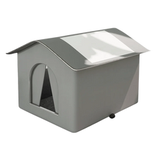 A gray foldable waterproof insulated cat house with a pitched roof and an arched entrance.
