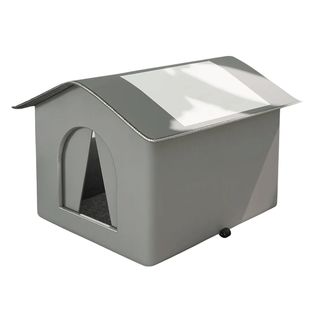 A gray foldable waterproof insulated cat house with a pitched roof and an arched entrance.