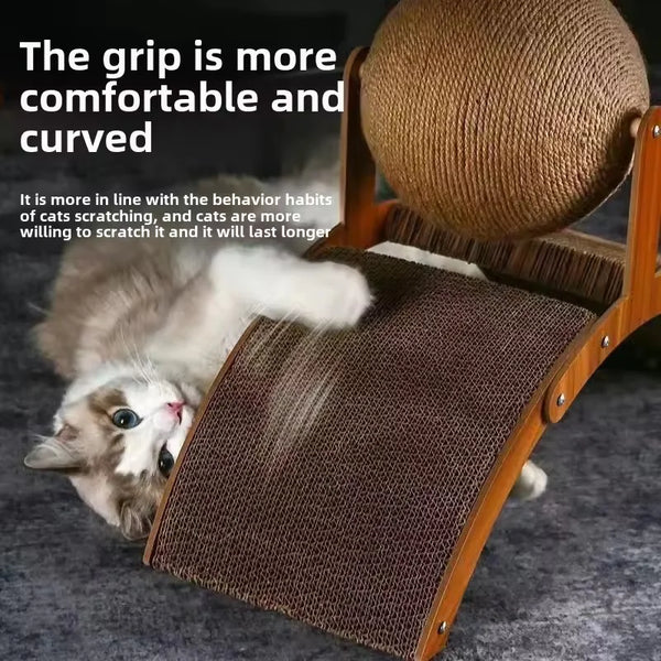A tabby cat is using a natural wooden cat scratcher and play ball for grooming.
