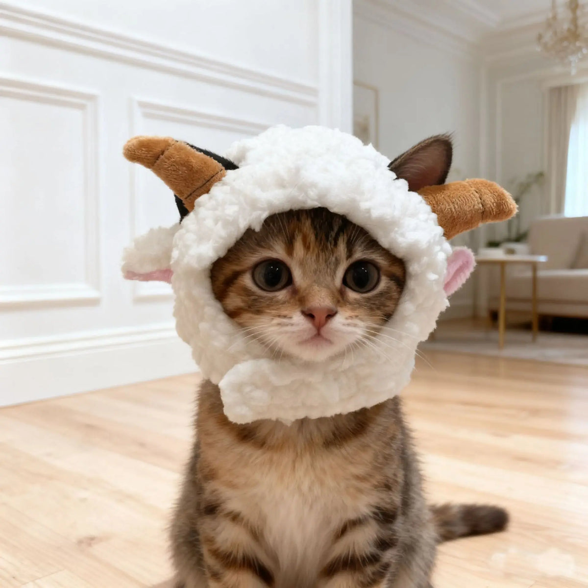 A tabby kitten wearing a white bear cap pet head cover.