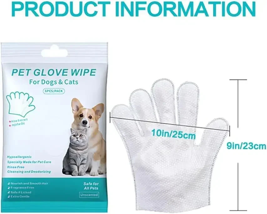 A package of pet glove wipes for dogs and cats showing a white glove wipe and a small cat.