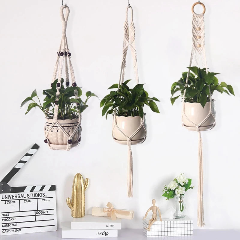 Macrame plant hanger with a potted green plant hanging on a white wall.