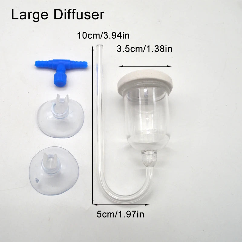 A large diffuser for aquarium CO2 with a bubble counter and suction cup, shown with various components and dimensions.