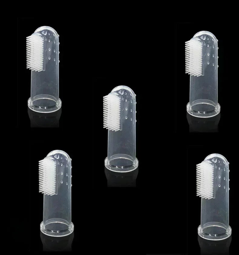 A set of silicone finger toothbrushes for dogs, showing various sizes and angles of the brush head.