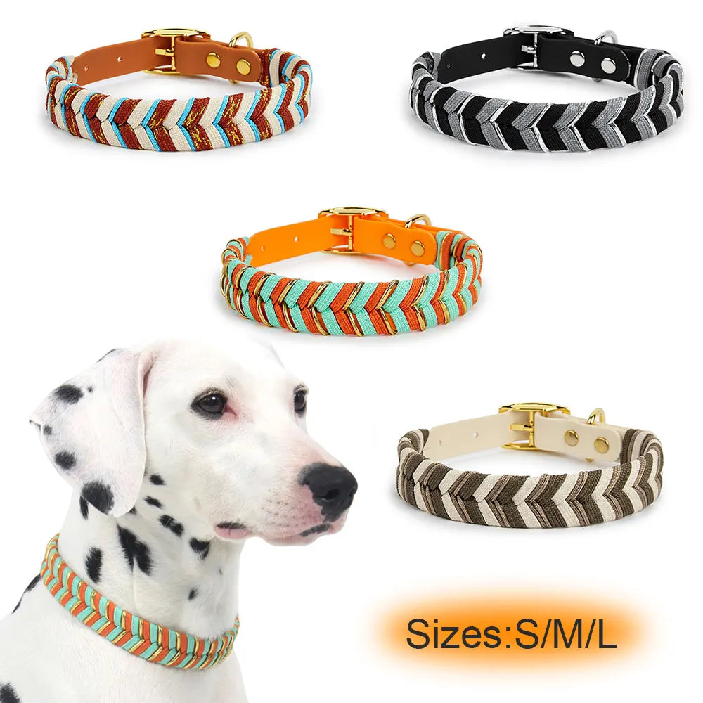 A dog wearing a colorful handmade collar with a reflective safety feature, shown alongside various collar styles.