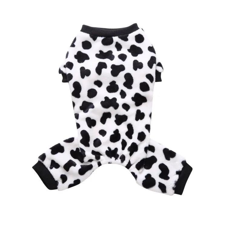 Black and white leopard print cozy winter overalls for a small dog
