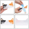 Reusable cat food pouch scraper shown in various forms and usage examples.