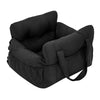 A black durable pet car seat with safety straps.