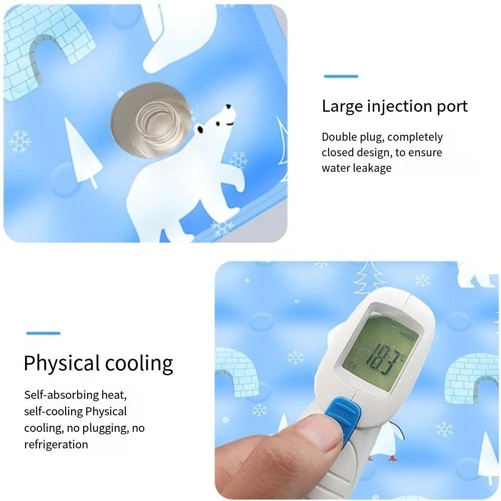 A white pet cooling mat for dogs is shown with a digital temperature display, demonstrating physical cooling features.