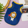 A royal blue breathable mesh pet vest with a yellow trim and a cartoon lion face print on the front.