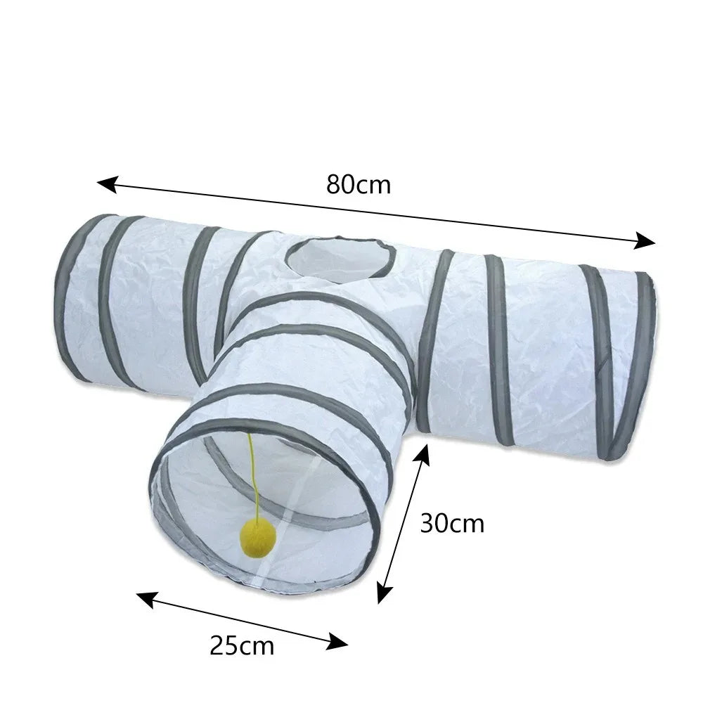 Weißer, zusammenklappbarer Katzenspieltunnel mit grauen Streifen, 80 cm lang und 30 cm breit.