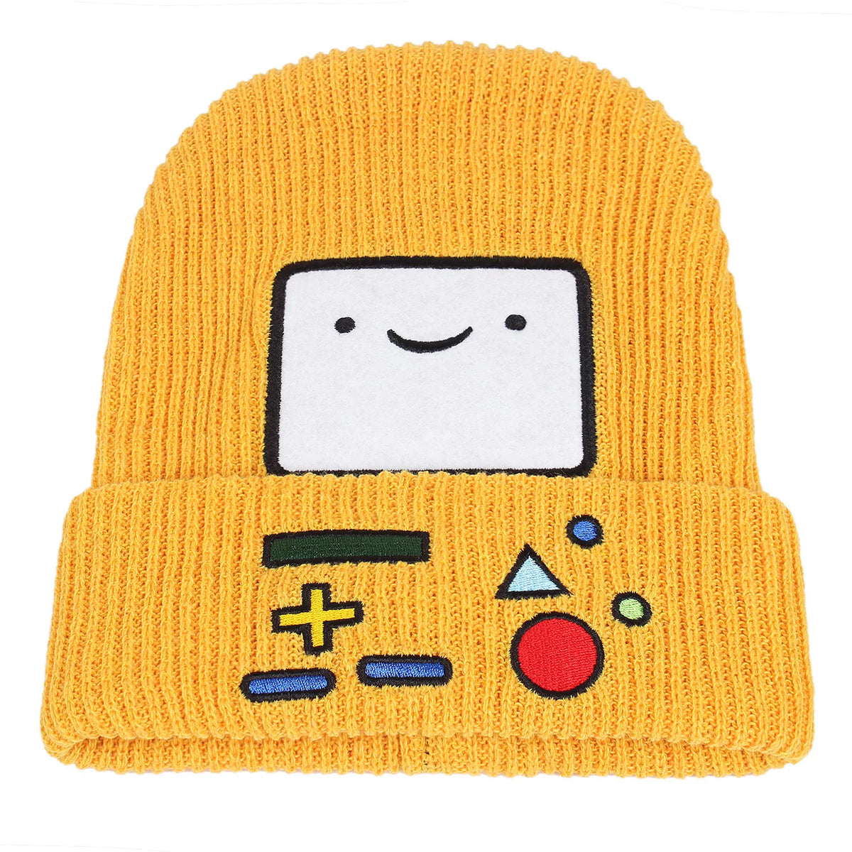Gelbe Strickmütze mit gesticktem Cartoon-Gesicht und mathematischen Symbolen.