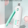 A white sliding lock buckle pet nail clipper is shown with a pink base and a green handle, demonstrating the convenient unloc