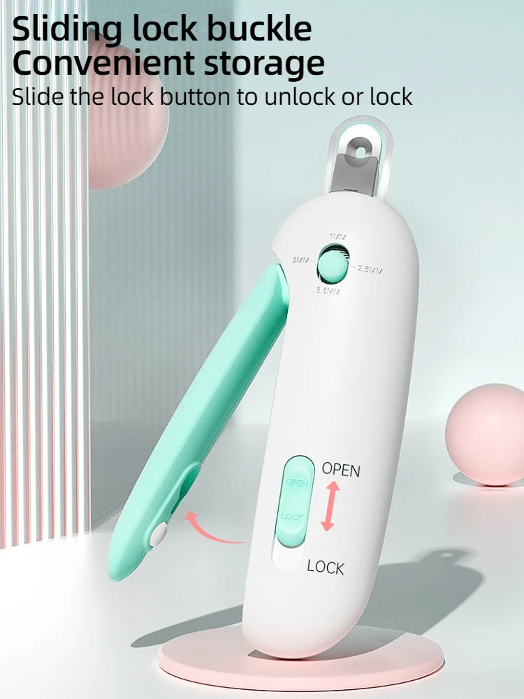 A white sliding lock buckle pet nail clipper is shown with a pink base and a green handle, demonstrating the convenient unloc