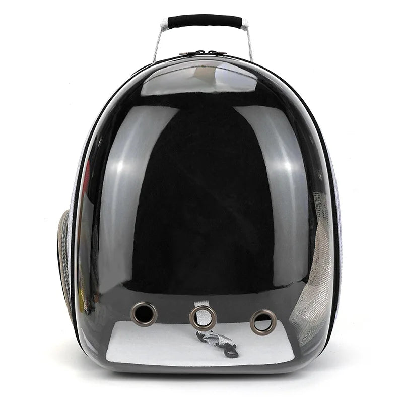 Schwarzer tragbarer Rucksackhalter für Haustiere mit Griff und Belüftungsösen.