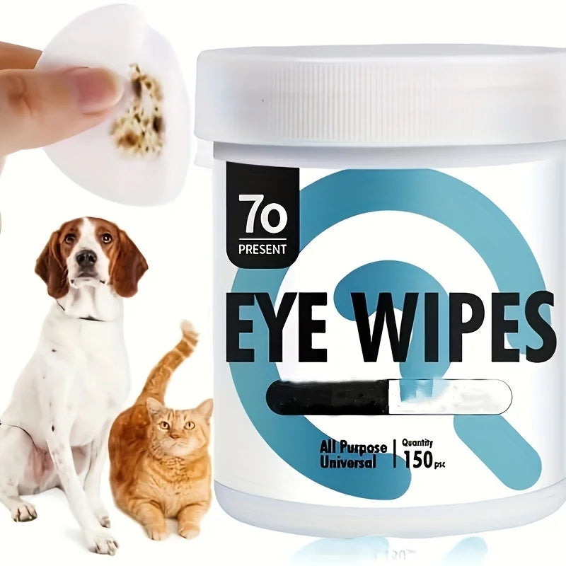 Ein Glas mit 150 Einweg-Augenfeuchttüchern, wobei eine Hand ein Tuch anwendet und ein Hund und eine Katze in die Kamera schau