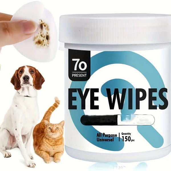 A jar of 150-count universal pet eye wipes with a hand applying a wipe and a dog and cat looking at the camera.