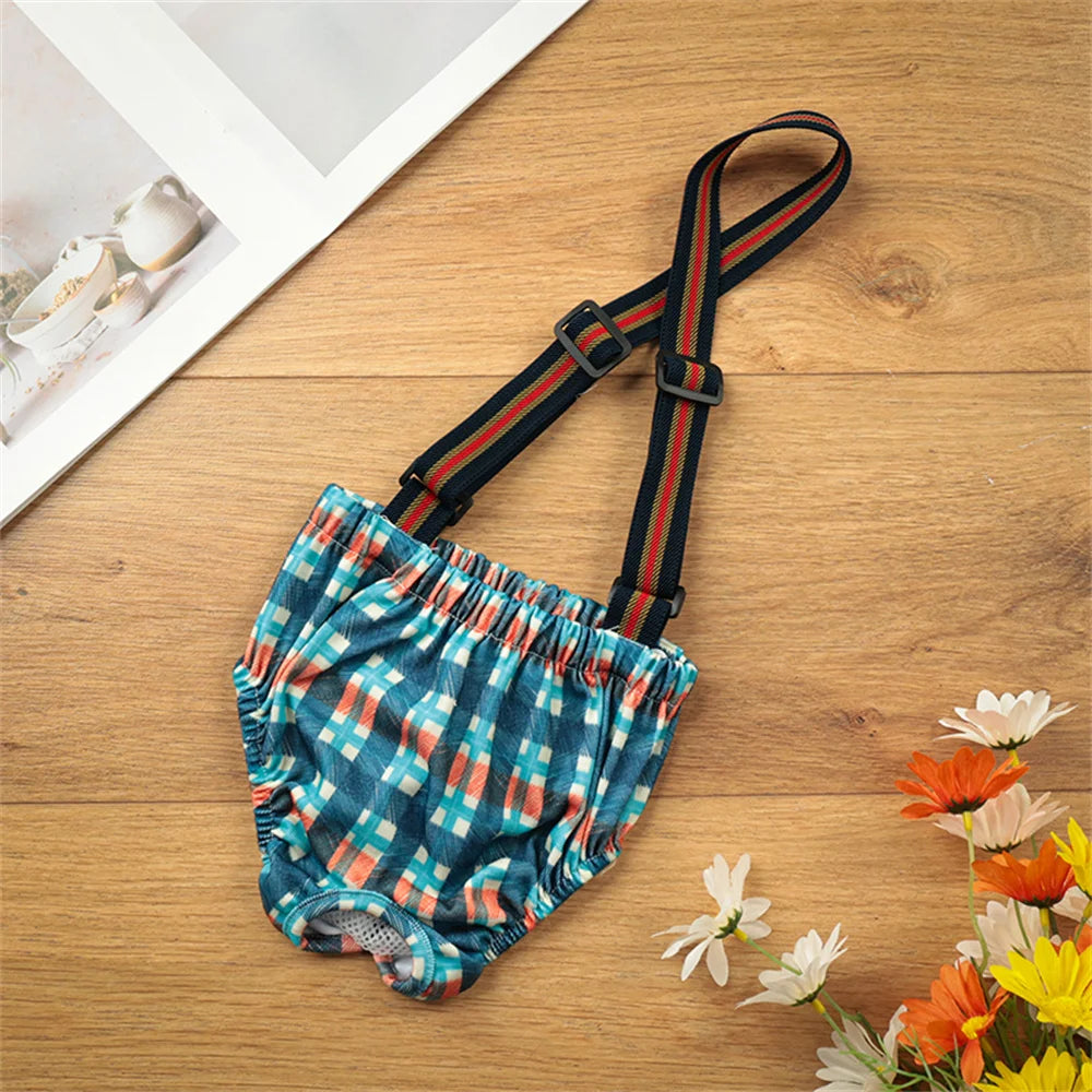 Blaue und orange karierte wiederverwendbare Hundsportshorts mit schwarzen Riemen auf einer Holzoberfläche.