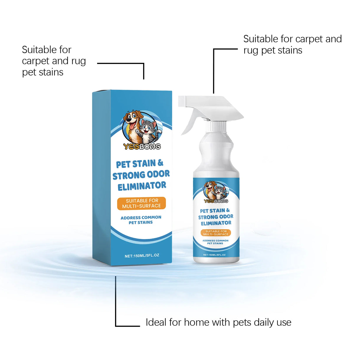 A bottle of Pet Stain & Odor Eliminator spray is shown next to its box, highlighting its suitability for pet stains and odor 