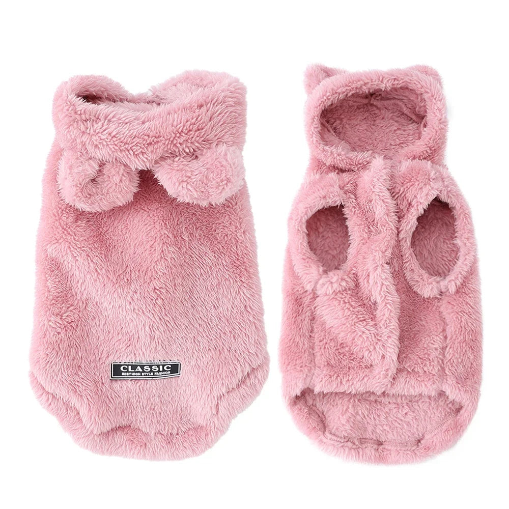 A pair of pink faux fur fleece hoodies for small and medium dogs.