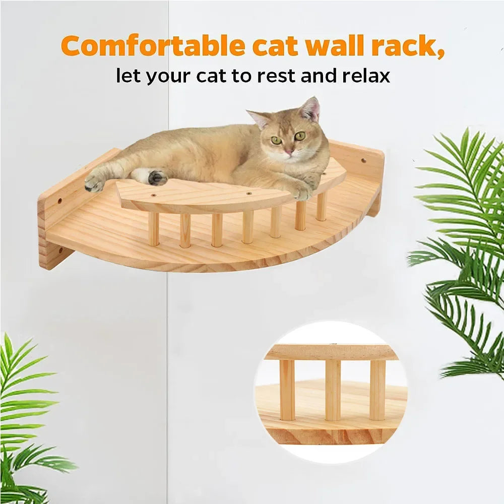 Ein flauschiger tabbykatter entspannt sich auf einem Holzregal für Katzen zum Klettern und Ausruhen.