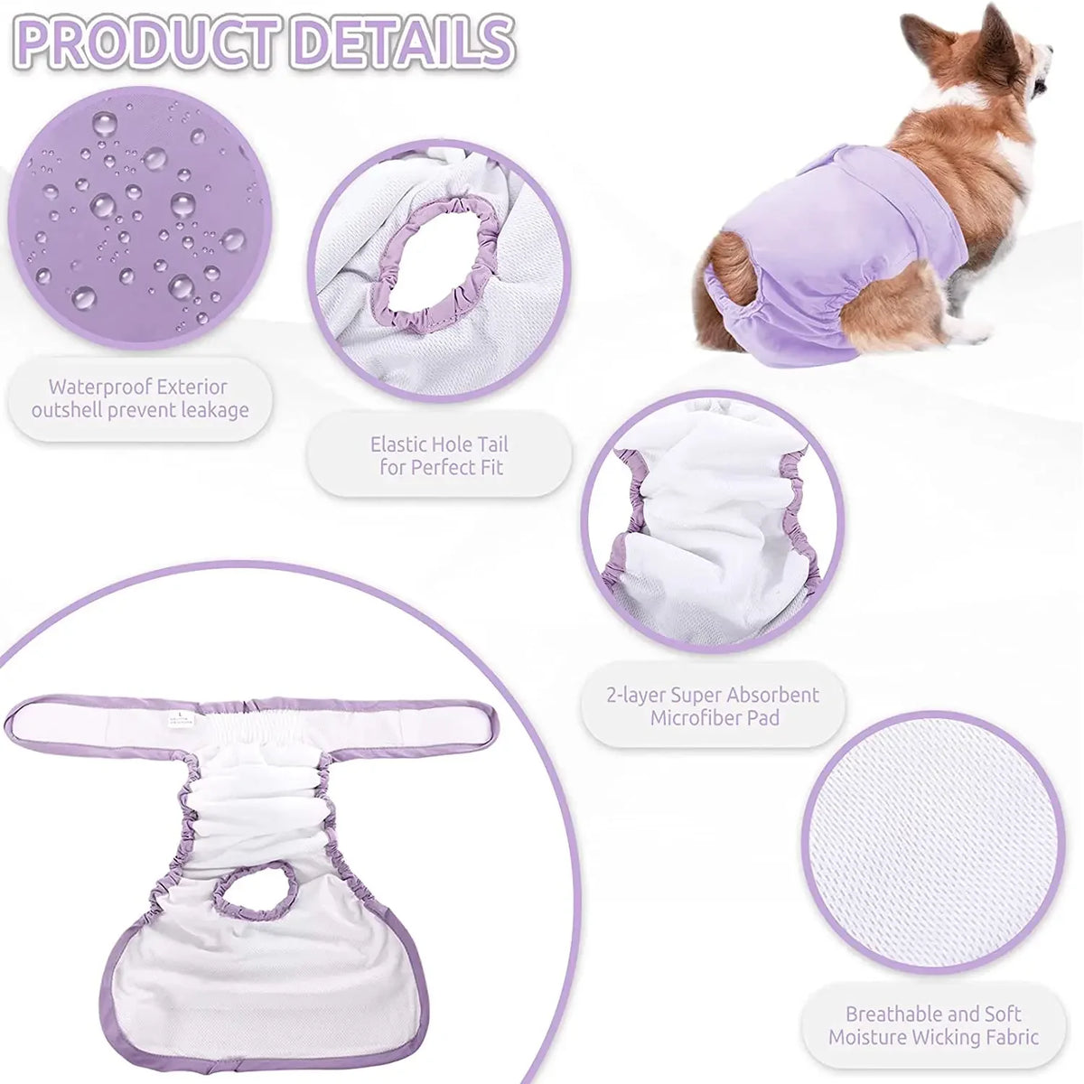 Reusable female dog diapers in lavender and white with various features like waterproof exterior and absorbent microfiber pad