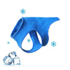 A bright blue breathable dog cooling vest with a honeycomb texture is shown against a white background with snowflakes and ic