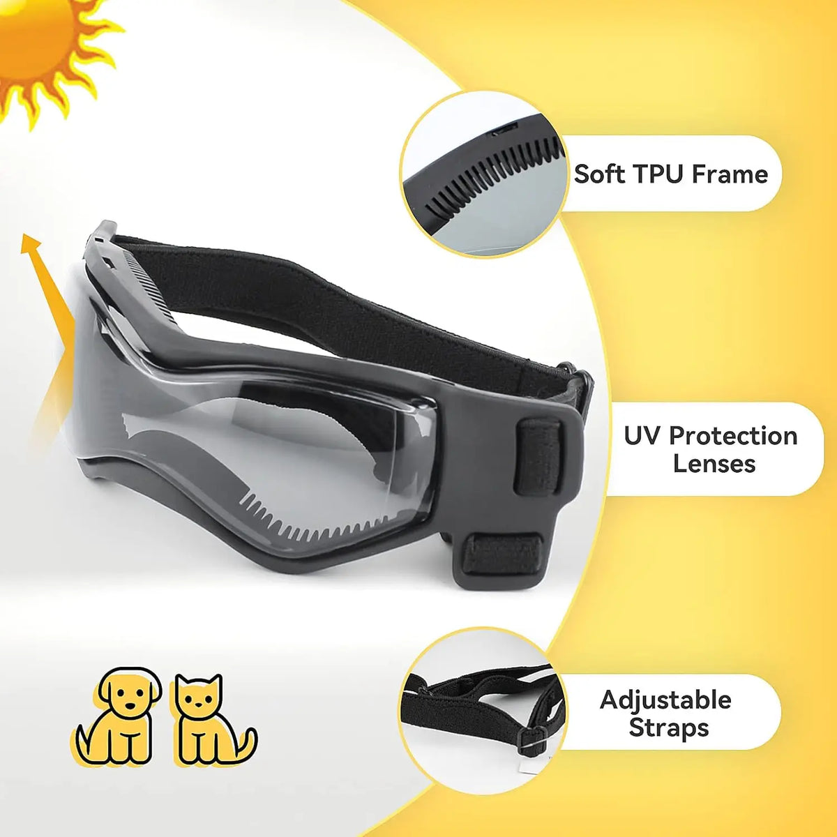 Black pet safety helmet and goggles set with soft TPU frame and adjustable straps for dogs and cats