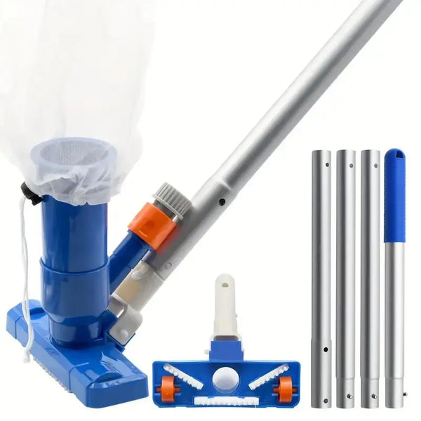 Pool jet vacuum cleaner set with a 4-section pole and cleaning head for above ground water features