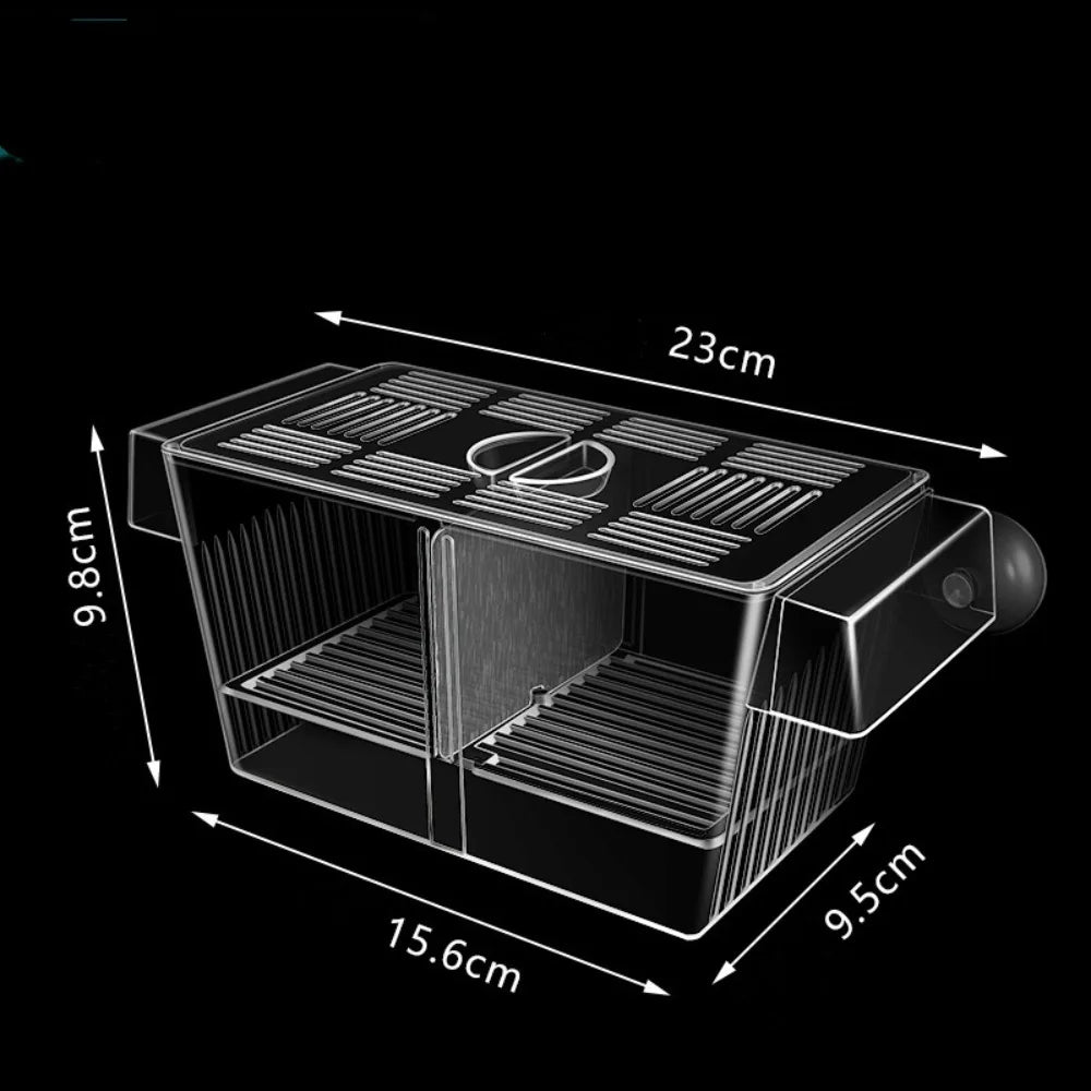 A black acrylic fish breeding incubator shown from above with dimensions labeled.