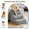 A beige high-density foam pet stairs ramp for dogs shown in use on a living room floor.