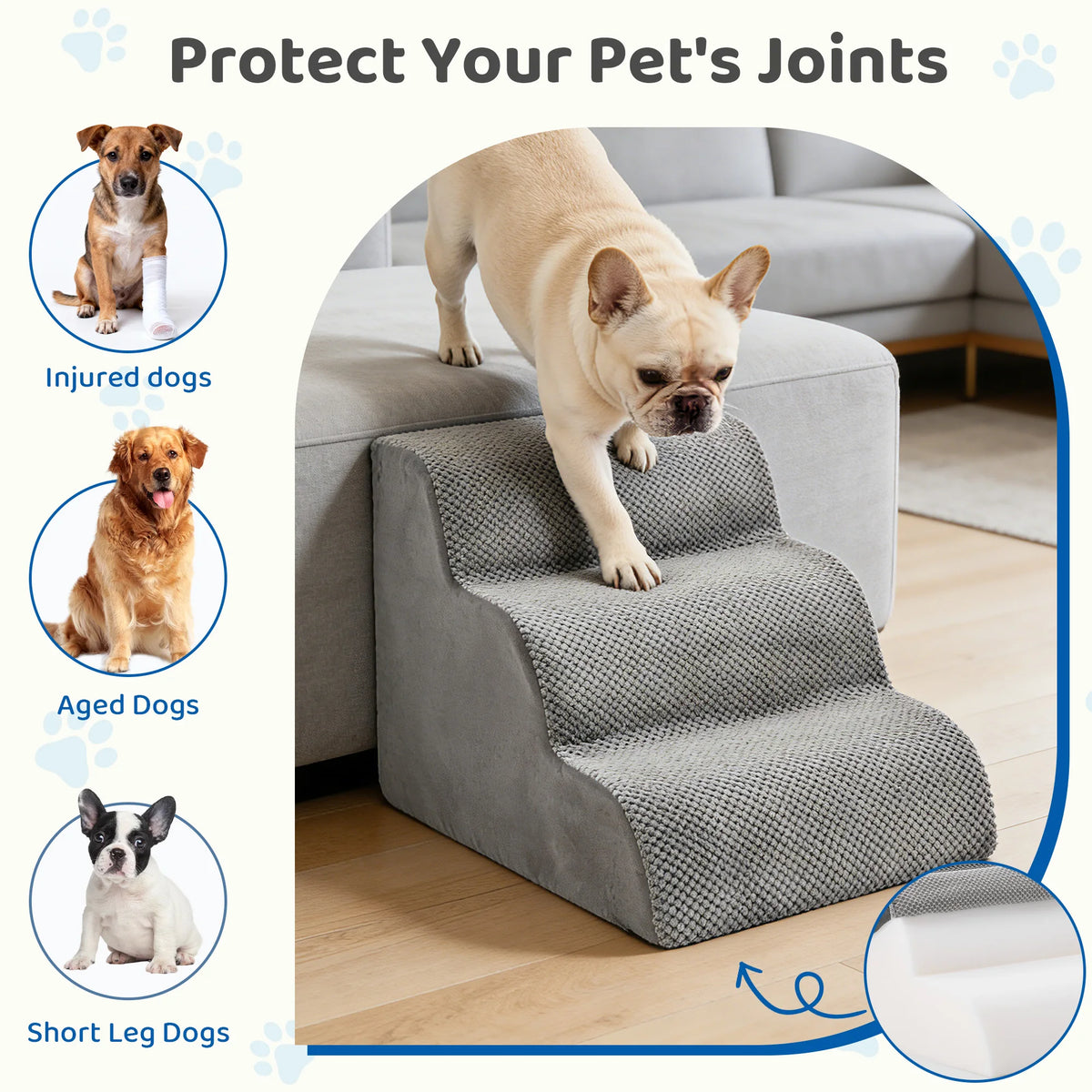 A beige high-density foam pet stairs ramp for dogs shown in use on a living room floor.